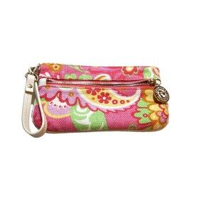 Spartina  Linen Fabric Leather Wristlet Pink Green Yellow 7 1/2 X 4 3/8